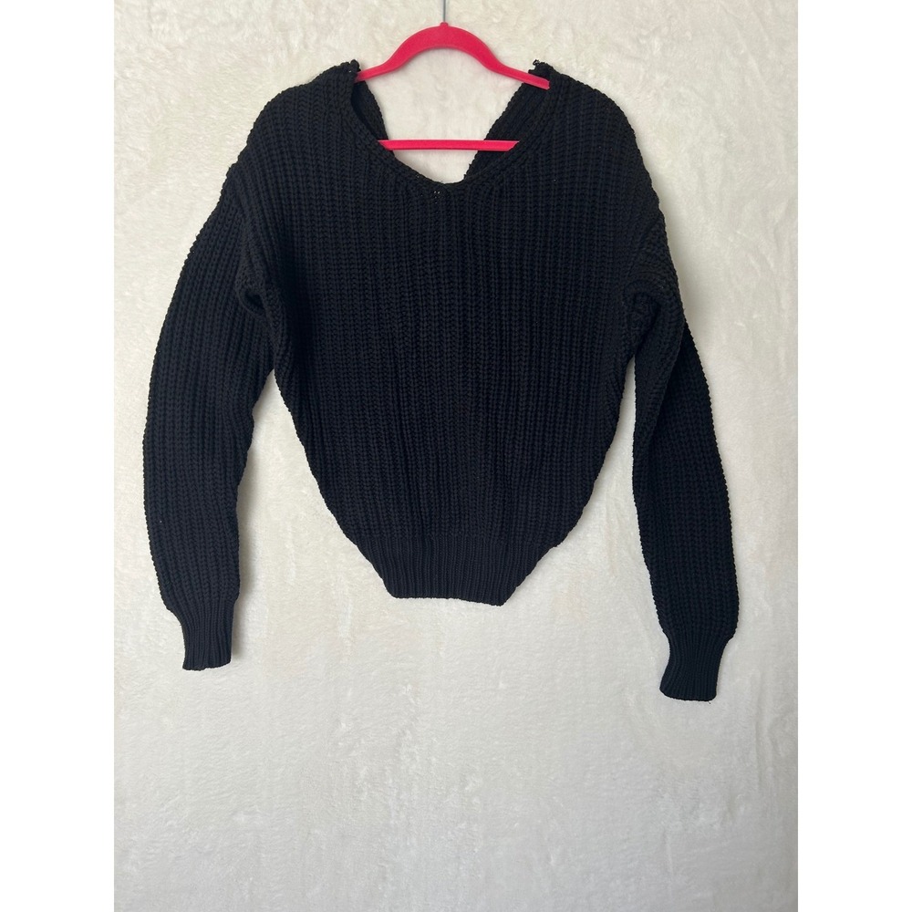 Melloday Market Black Twist Back Sweater Womens Small Chunky Knit V-Neck Cropped
